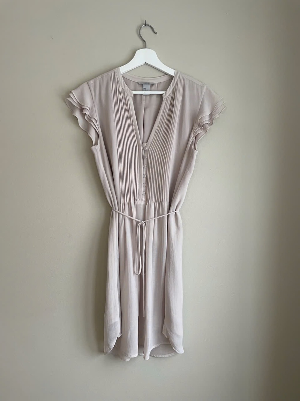 H&M- Women's Beige Pleated V-Neck Tie-Waist Dress